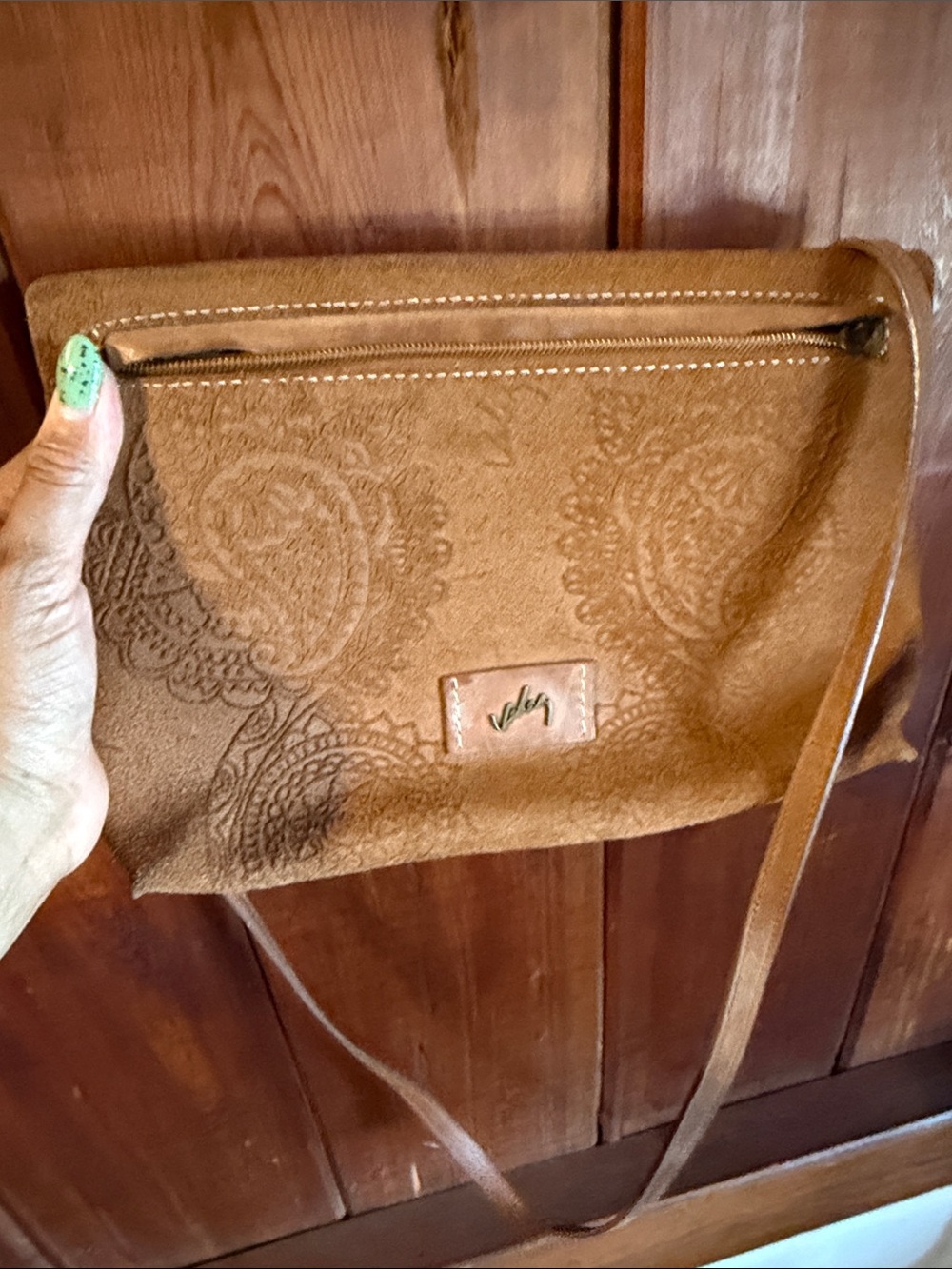 Velez Embossed Brown Leather Crossbody Bag
